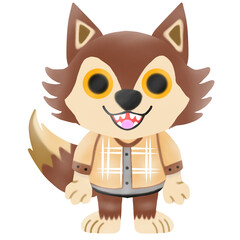 Cute Halloween werewolf cartoon character standing confidently with a cheerful pose, wearing a plaid shirt, big eyes and a smile on a transparent background.