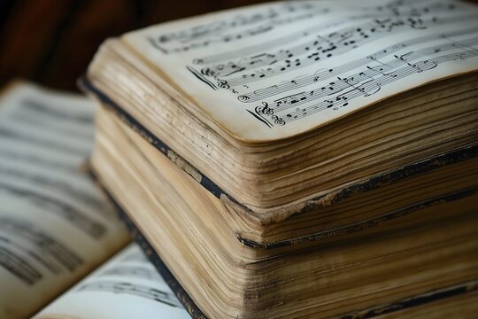 Vintage, antique music sheets, book. Worn, old paper. Opera classical orchestra.