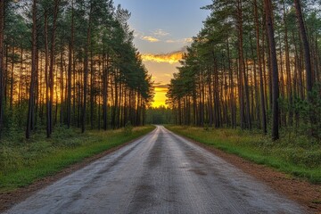 Obraz premium Enchanting Twilight in a Pine Forest - Scenic Road with Sunset Sky Colors