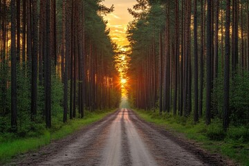 Fototapeta premium Enchanting Twilight in Pine Forest: Sunset Hues Painting the Sky