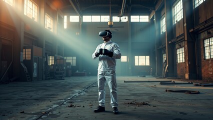 Virtual Boxer Training, A man wearing a white boxing suit and virtual reality headset stands in a dimly lit warehouse, holding boxing gloves. He is focused on an immersive virtual training session.