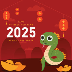 Chinese New Year 2025 Year of the Snake. Green Snake Illustration and Design. Red Traditional Chinese Vector Designs with Snakes. Lunar New Year Concept, Modern Vector Geometric Design