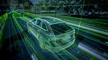A futuristic car depicted with digital overlays, showcasing technology and data visualization.