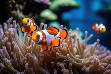 A group of clownfish swimming together in a tropical underwater scene with corals