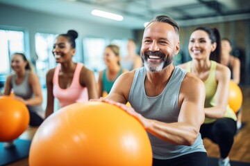 A group of diverse individuals participating in a group fitness class, performing synchronized exercises with exercise balls