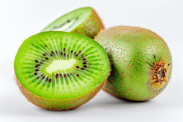 A whole kiwi fruit and two halfcut pieces isolated on white background.