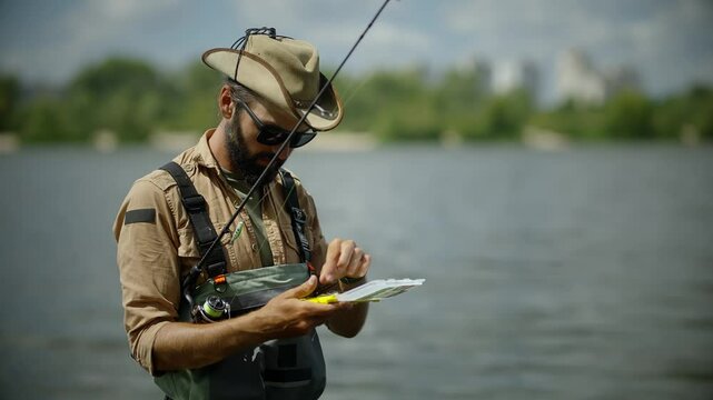Man engaged in river fishing with rod and tackle