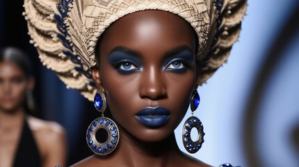 A stunning model struts confidently on the runway, adorned with striking blue makeup and an elaborate headpiece, captivating the audience with her elegance and poise