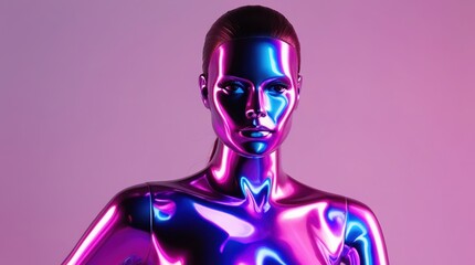 A striking figure enveloped in glossy metallic hues showcases a blend of modern artistry and bold colors, radiating an otherworldly energy in a dreamy ambiance