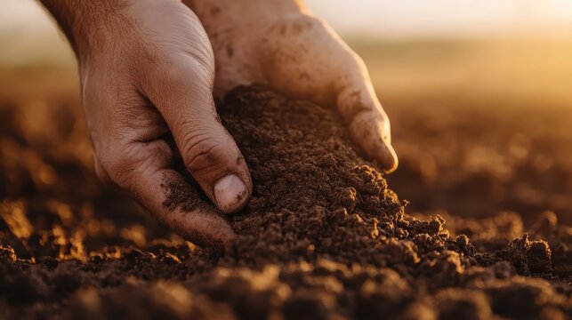 Close-up of hands gently holding fresh, nutrient-rich soil, reflecting care and connection with the earth, symbolizing growth and the cycle of nature in the garden.