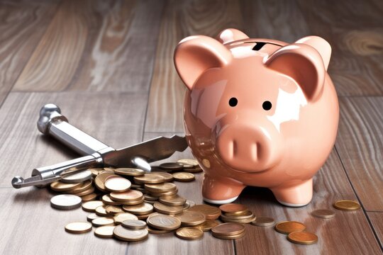A piggy bank with a hammer next to it, symbolizing saving and breaking it for funds