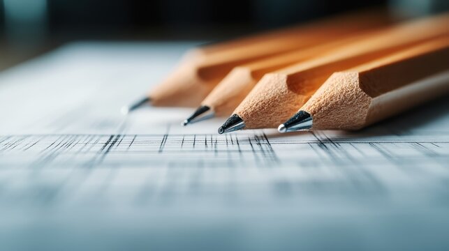 Four wooden pencils with sharpened graphite tips placed on top of a sheet filled with technical drawing lines, representing precision and professionalism.