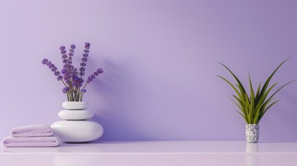 A soothing spa setting featuring a minimalist design in calming purple tones, ideal for promoting wellness and relaxation with generous copy space.