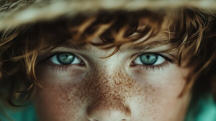 This image features a child with curly, flowing hair donning a blue hat. The blurry view highlights the soft, delicate texture to convey an artistic touch.