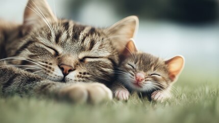 A heartwarming image of a cat and a mouse sleeping peacefully together on the grass, capturing an unexpected friendship and unity between two typical adversaries.
