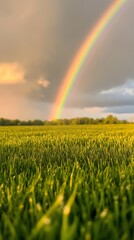Naklejka premium Green Grass Field with Rainbow in Sky