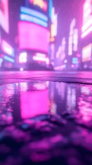 Fototapeta premium Neon City Reflection Wet Asphalt Night Rain Purple