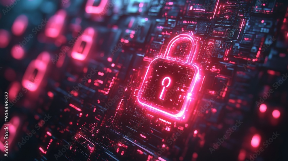 Poster floating holographic locks and keys illuminate a complex digital backdrop, creating a futuristic atm