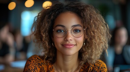 Naklejka premium Young confident businesswoman smiling in busy office space
