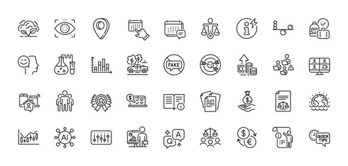Good mood, Technical info and Balance line icons pack. AI, Question and Answer, Map pin icons. Legal documents, Ethics, Dj controller web icon. Message, Pickup, Event click pictogram. Vector