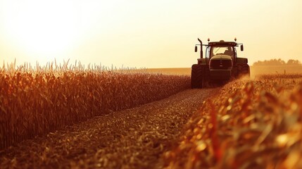 Naklejka premium Tractor in a cornfield, the future of smart agriculture farming concepts. Agriculture banner. 