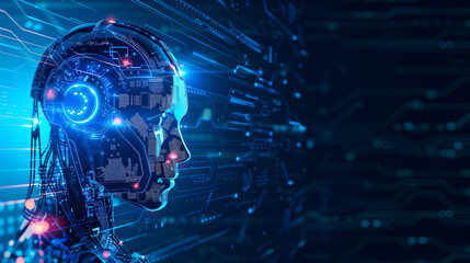 Obraz premium Artificial intelligence AI futuristic robot with circuit board spiritual brain. Abstract glowing innovation IT connections science presentation background. Technology cyber human brain blue concept
