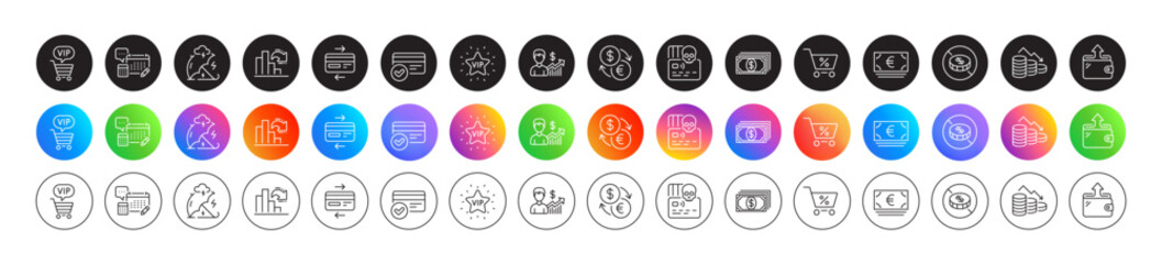 Euro currency, Vip shopping and Special offer line icons. Round icon gradient buttons. Pack of Business growth, Payment, Credit card icon. Money loss, Payment methods, Account pictogram. Vector