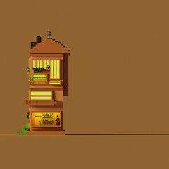 3D Rendered Vintage Wooden Voxel House