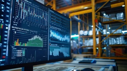 Computer showing statistics graph for innovative production with warehouse worker checking inventory on blurred background - Powered by Adobe