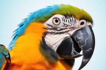 Fototapeta premium Close-up of a macaw's head, focusing on its sharp beak and vivid plumage
