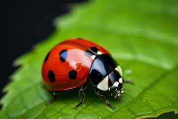 Fototapeta premium Close-up of a vibrant ladybird resting on a fresh green leaf,