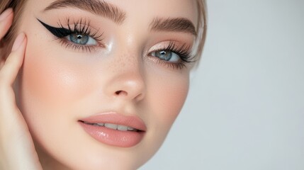 Fototapeta premium A close-up portrait of a beautiful woman showcasing flawless makeup and mesmerizing eyes, embodying modern beauty and elegance.