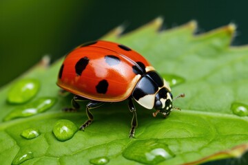 Close-up of a vibrant ladybird resting on a fresh green leaf,