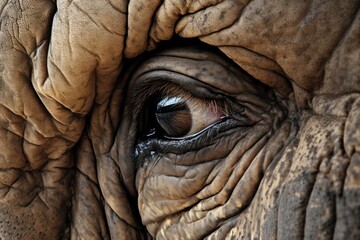 Fototapeta premium Close-up of an elephant's face, highlighting the intricate details of its wrinkled skin and long eyelashes,