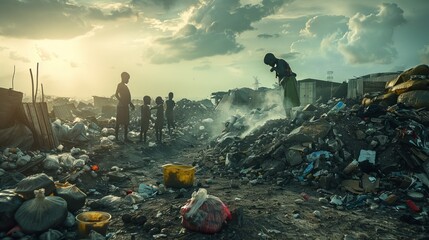 Contrast of uneaten food in dump and starving children in africa illustrates hunger disparity