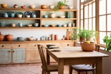 Cozy kitchen with rustic wooden cabinets, a farmhouse sink,