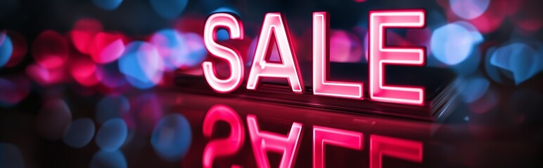 Luminous "Sale" inscription made of neon letters on a reflective surface with a bokeh effect, a graphic stylish banner