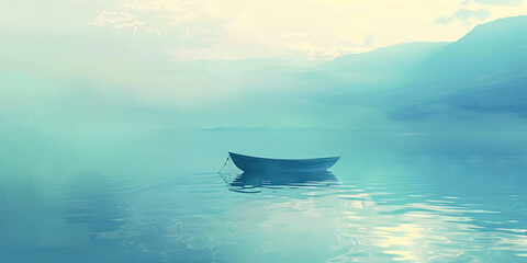 Fototapeta premium A serene seascape with a lone boat, symbolizing Jesus' journey across the Sea of Galilee, with soft blues and gentle pastels.