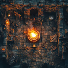 Overhead view of a medieval blacksmith's forge with glowing fire and tools.