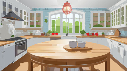 Beautiful round wood table and counter on interior in bright kitchen background.