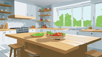 Beautiful round wood table and counter on interior in bright kitchen background.