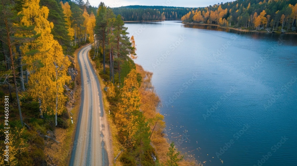 Poster a road with trees on both sides and a body of water in the background