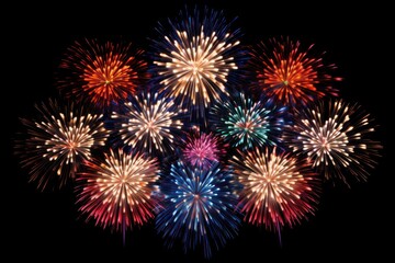 Fototapeta premium Fireworks bursting in a symmetrical arrangement with vivid colors and bright flashes