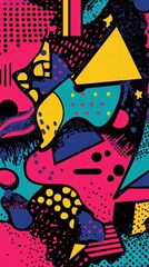 This artwork showcases a lively composition of geometric shapes and bright colors that form a dynamic, abstract expression typical of pop art