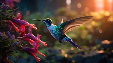 Fototapeta premium A breathtaking image capturing a hummingbird in a natural setting, displaying elegant flight and vibrant feathers in stunning