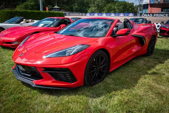 Stockholm, Sweden - August 03, 2024: Red Chevrolet Corvette (C8) Stingray front view

