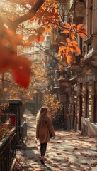 Naklejka premium Autumn stroll woman walking through city street with charming urban fall scenery
