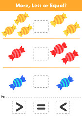 Comparison Worksheet with Cute Cartoon Candy for Kids. Counting Games for Preschoolers. More or Less Worksheet for Kindergarten.