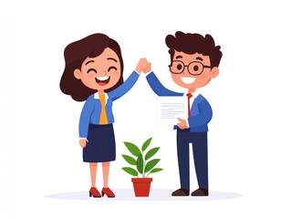 Obraz premium A happy entrepreneur, high-fiving a colleague in a modern office space, holding a loan approval document