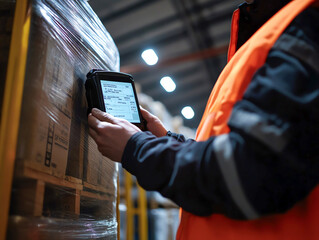 Warehouse worker using handheld scanner for inventory management.